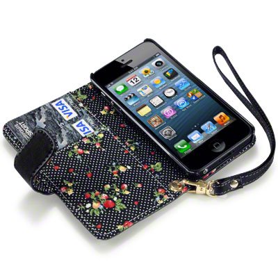 iPhone 5/5S Premium Faux Leather Wallet Case with Floral Interior (Black)