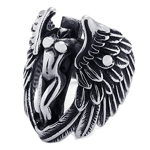 KONOV Biker Vintage Stainless Steel Angel Wing Mens Womens Ring, Black Silver
