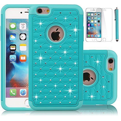 iPhone 6S Case,EC™ [Shockproof] Apple iPhone 6S Case, Heavy Duty Dual Layer Hybrid Stud Rhinestone Bling Protection Cover Case for Apple iPhone 6S / 6 (A Turquoise+Turquoise)