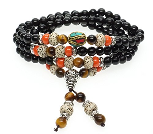 AmorWing Natural Obsidian and Lotus Seed Buddhist Prayer Beads Tibetan Mala Necklace Bracelet