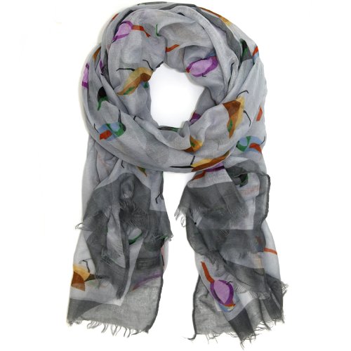 Bucasi Classic Ladies Modern Bird Print Scarf with Fringed in Gray