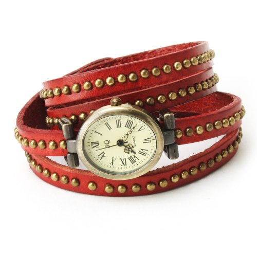 Fashion Rivet Weave Wrap Around Leather Retro Bracelet Woman Wrist Watch Dark Red