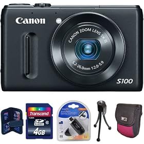 Canon PowerShot S100 Digital Camera - Black + Transcend 4 GB Class 10 Memory Card, Card Reader, Nice Fitted Case, Table Tripod, Memory Card Wallet.