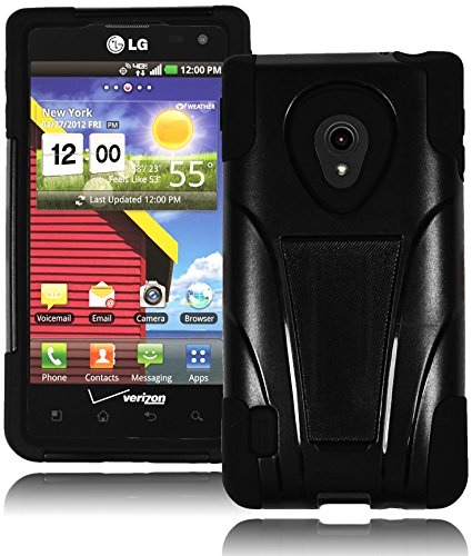 Bastex Rugged Heavy Duty Hybrid T-Stand Case for LG Lucid 2 VS870 - Black Silicone Soft Cover with Black Hard T-Stand Shell