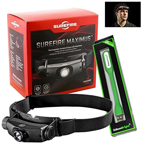 SureFire Maximus HS3-A varialble output 500 Lumens LED rechargeable Headlamp, Black with EdisonBright USB reading light bundle