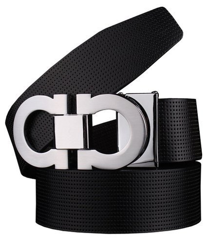 Bullko Men's Smooth Leather buckle belt 35mm Sliver Buckle and Black Leather up to 42in