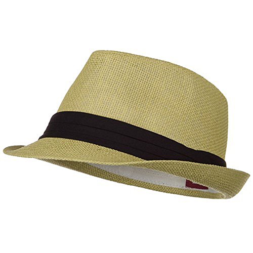 Solid Band Summer Straw Fedora - Khaki Black W20S58B