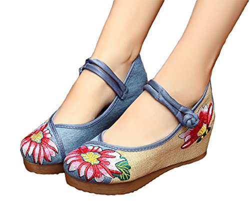AvaCostume Multicolor Lotus Embroidery Mary Jane Wedges Sandals Shoes