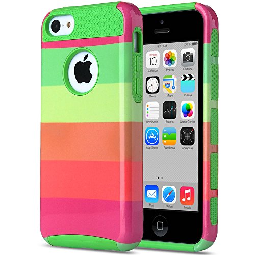 iPhone 5C Case, ULAK® [2in1 Shield Series] Slim Colorful High Impact Dual Layer Hybrid Protective Shockproof Case for Apple iPhone 5C with Soft Rugged TPU Inner Case +Hard Patterned Plastic Cover (Rainbow + Green)