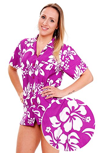 Funky Hawaiian Blouse Women Short-Sleeve Front-Pocket Hibiscus Flower Purple