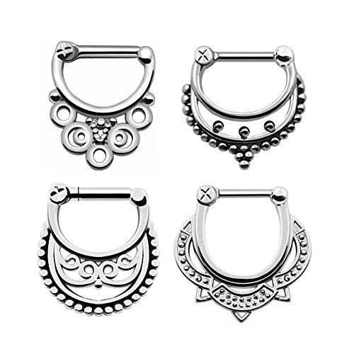 D&M Jewelry 4pcs Beaded 316L Stainless Steel Septum Clicker Mixed Mode Nose Ring 16G