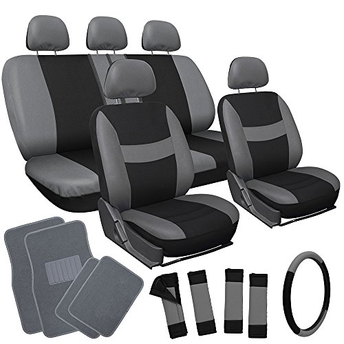 OxGord 21pc Black & Gray Flat Cloth Seat Cover and Carpet Floor Mat Set for the Toyota Camry Coupe, Airbag Compatible, Split Bench, Steering Wheel Cover Included