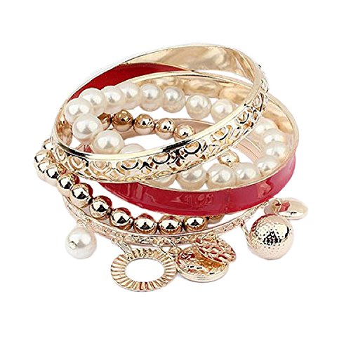 Doinshop New Useful Cute Nice Korean Style Girls Exquisite Coin Pearl Hollow Bracelet Jewelry (red)