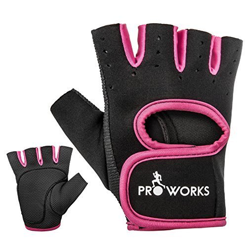 Proworks Women's Padded Grip Fingerless Gym Gloves for Weight Lifting, Cross Training, Exercise Bikes & More - Black with Pink Trim (Small)