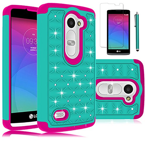 LG Leon Case, LG Tribute 2 Case, LG Leon C40 Case, EC™ Studded Rhinestone Crystal Bling Diamond Hybrid Armor Defender Case Cover for LG Leon C40 / LG Tribute 2 (Teal/Hot Pink)