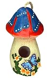 Hand-painted Mushroom Birdhouse with Flowers and butterfly, garden decor