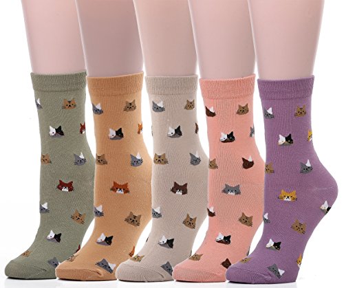 Leotruny Women's Colorful Cute Cat Crew Socks (5Pairs-Small Cat)