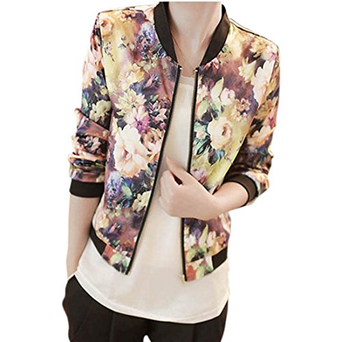 Orangesky Women Stand Collar Long Sleeve Zipper Floral Printed Bomber Jacket