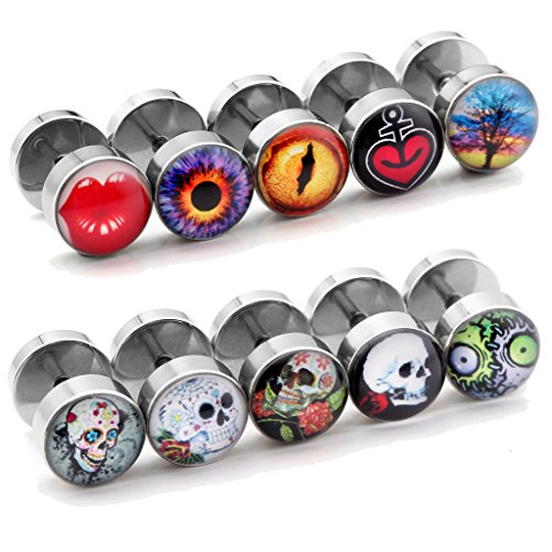 JOVIVI® 10pc Lot Assorted Stainless Steel Fake Ear Plugs Set Screw Stud Earrings, 00G Gauges Look