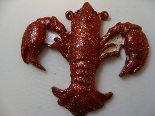 Glitter Red and Gold Crawfish Fleur De Lis Ornament with Free Gold Color Sheer Drawstring Pouch / Bag