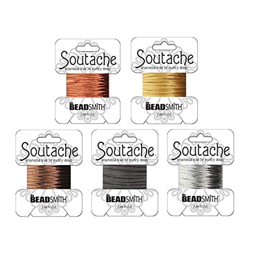 Shiny Metallic Soutache Bundle: Gold, Silver, Copper, Bronze and Black Soutache Cord - 15 Yards Total
