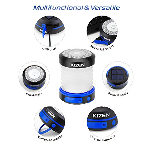 Kizen Solar Powered LED Camping Lantern - Solar or USB Chargeable, Collapsible Space Saving Design, Emergency Power Bank, Flashlight, Water Resistant. For Outdoor Night Hiking Camping Tent Lawn Patio! - Image 3