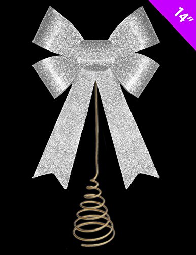 14 Zoll Weihnachtsbaum Top-Dekoration – SILBER Glitter Bow Weihnachtsbaumspitze