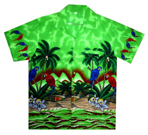 Funky Hawaiian Shirt For Men Short Sleeve Front-Pocket Parrot Palm Green