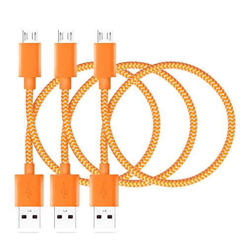 iSeeker Bundle of 3 Durable 1ft/30cm Nylon Braided Tangle-Free Micro USB Cable for Android, Samsung, HTC, Motorola, Nokia and More (1ft-Orange)
