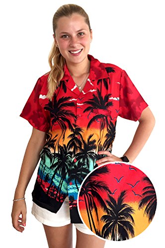 Funky Hawaiian Blouse Women Short-Sleeve Front-Pocket Beach Palm Red