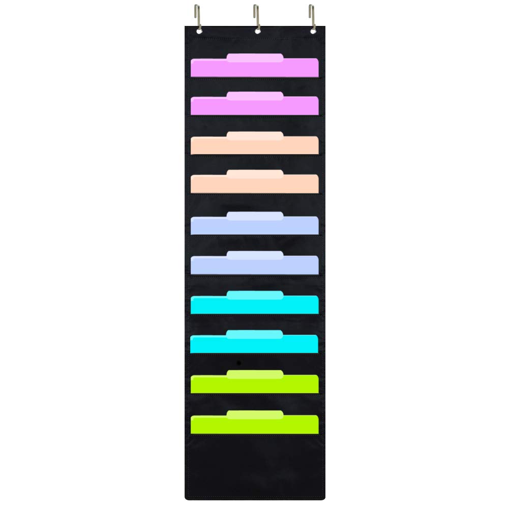 ZKOO 10 Pockets Hanging Wall File Organizer for A4 Size Paper/Legal/ Letter Size Document, Sturdy Wall Mail Organizer Black Pocket Chart Great for Classroom, Office, Home Use with 3 Hangers