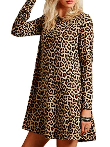 Joeoy Women's Casual Leopard Print Long Sleeve Dress