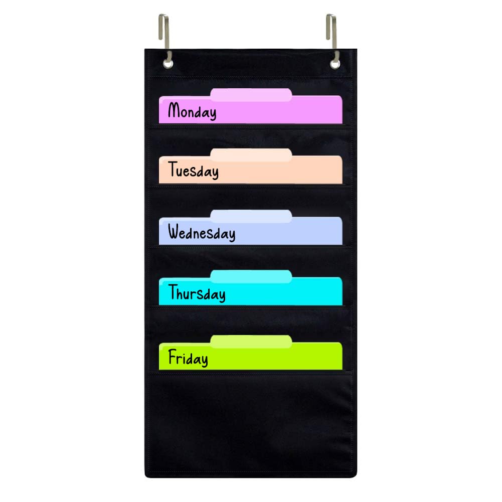 ZKOO 5 Pockets Hanging Wall File Organizer for A4 Size Paper/Legal/ Letter Size Document, Sturdy Wall Mail Organizer Black Pocket Chart Great for Classroom, Office, Home Use with 2 Hangers