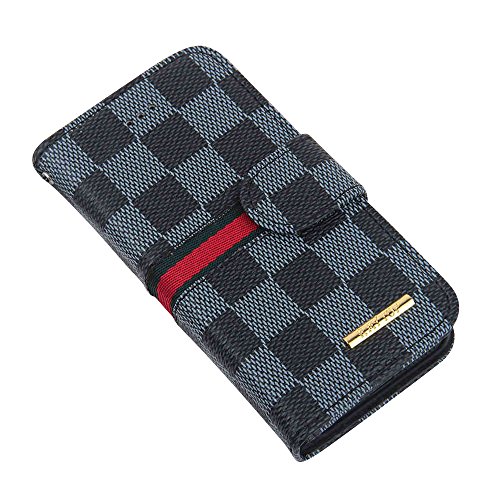 RAYTOP Luxury Brand Designer Black Checks PU Leather Cases Wallet for Apple iPhone 5 5s Stand Covers Kickstand Classy Classic Men Women Girls Gift Plaid Checkered