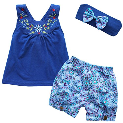 iiniim Baby Girls 3PCs Flower Outfit Headband + Vest Top + Shorts Clothes Set