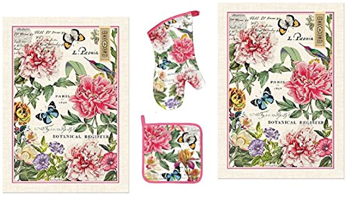 Michel Design Works Peony 4 Piece Kitchen Set - 2 Towels, Oven Mitt, Potholder