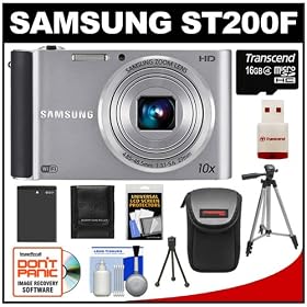 Samsung ST200F Smart Wi-Fi Digital Camera (Silver) with 16GB Card & Reader + Battery + Case + (2) Tripods + Accessory Kit