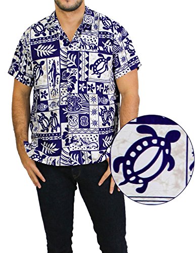 La Leela Beach ALOHA ART Hawaiian Fine Personable Camp Shirt Men Blue White