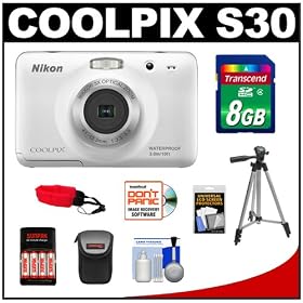 Nikon Coolpix S30 Shock & Waterproof Digital Camera (White) with 8GB Card + Case + Batteries & Charger + Tripod + Float Strap + Accessory Kit