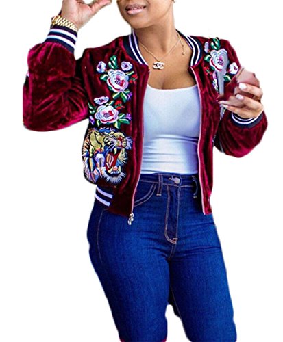 Farktop Women's Embroidery Patch Velvet Biker Bomber Flight Jacket