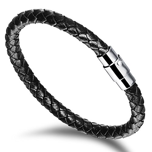JOEYOUNG Fashion Jewelry Wide Braided Leather Bracelet Bangle for Men and Women Black Fabric Leather Wristband Bangle with Stainless Steel Magnetic Box Clasp