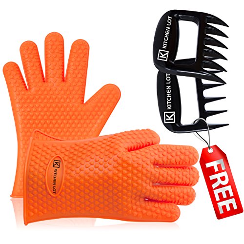 Heat-Resistant Silicone Gloves & Pull Claws by Kitchen-Lot ~ For Cooking, Baking, & BBQ - Comfortable, Flexible, Non-Slip, Easy-To-Clean, & Fits Most Hands * Hard-Plastic Shredders Plus Recipe Ebook!