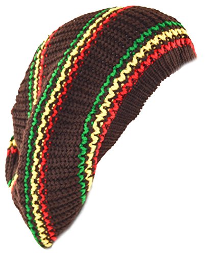 Unisex Slouchy Rasta Beanie Knit Hat 4 Colors Stripe Green Yellow Red(Brown)