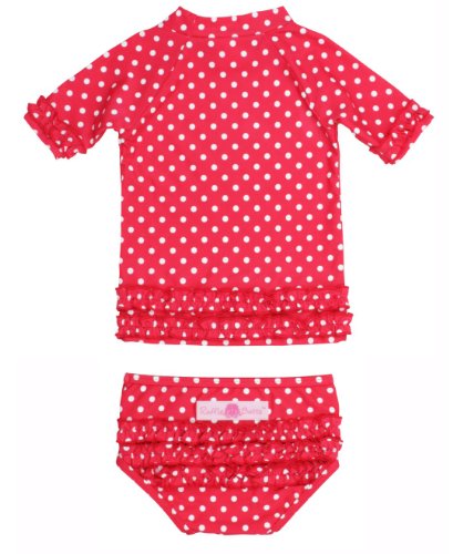 RuffleButts® Infant / Toddler Girls Polka Dot Ruffled Rash Guard Bikini