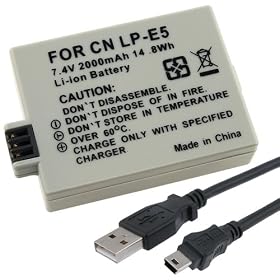 Everydaysource Battery Pack + 10 ft USB 2.0 A to Mini-B 5-pin Cable Compatible with Canon LP-E5 Digital Rebel T1i, XS & XSi Digital SLR Camera