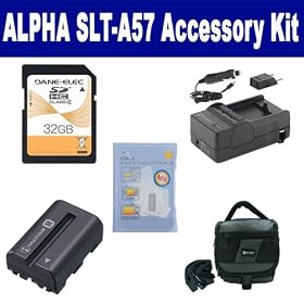 Sony Alpha SLT-A57 Digital Camera Accessory Kit includes: SDNPFM500H Battery, SDM-101 Charger, SDC-27 Case, ZELCKSG Care & Cleaning, SD32GB Memory Card