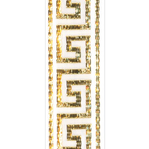 Offray Greek Key Craft Ribbon, 7/8-Inch Wide by 10-Yard Spool, White with Metallic Gold