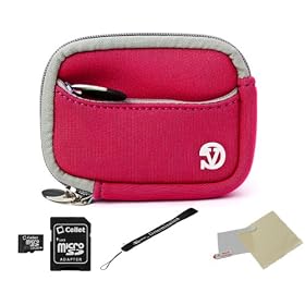 PINK WITH GRAY TRIM Neoprene Protective Durable Mini Glove Pouch For Sony Alpha Series NEX-5 / NEX-C3 Point And Shoot Digital Camera + Includes a 16GB Micro SD Card with SD Adaptor + Includes a Universal Anti-Glare Screen Protector Guard + Includes an eBigValue TM Determination Hand Strap