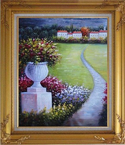 

Flower Pot in Garden Of Mediterranean Coast Oil Painting, with Deco Corner Gold Wood Frame 31x27 Inch