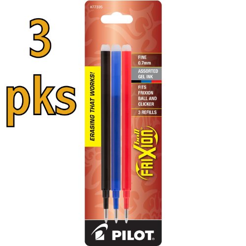 Value Pack of 3 Pilot FriXion Gel Ink Pen Refill, 3-Pack for Erasable Pens, Fine Point, Black/Blue/Red Inks (77335)
